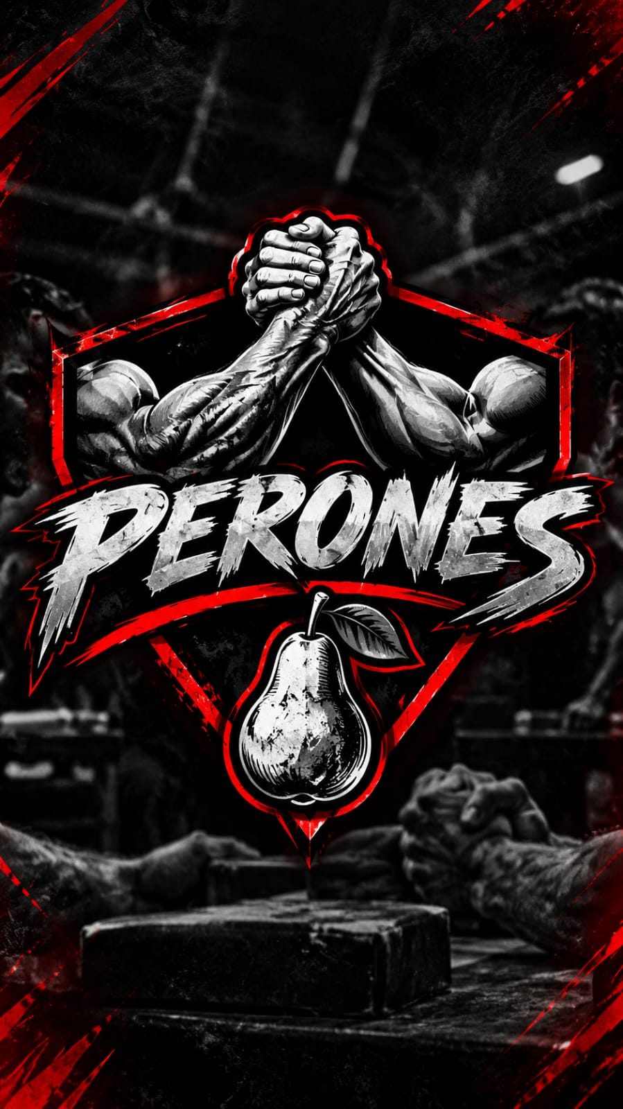 Logo de Perones: dos brazos en lucha de brazos sobre una pera